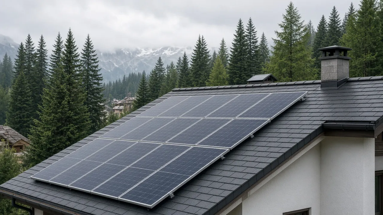 Toiture résidentielle équipée de panneaux photovoltaïques sous un ciel voilé