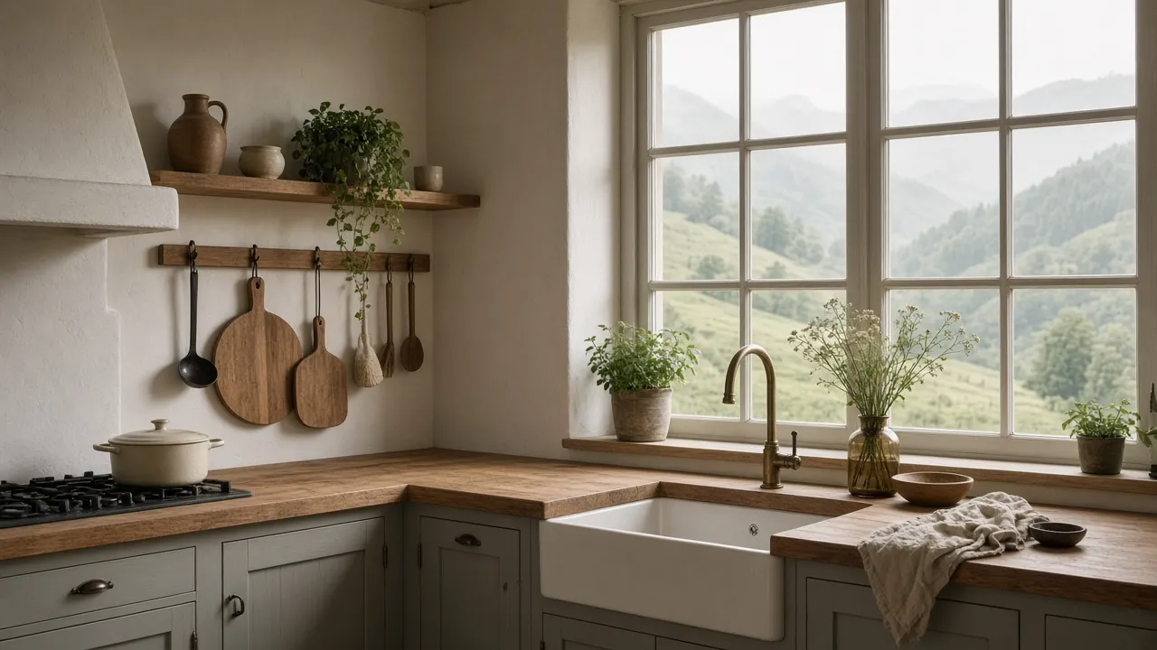 Intérieur lumineux d’une maison avec vue sur des collines brumeuses