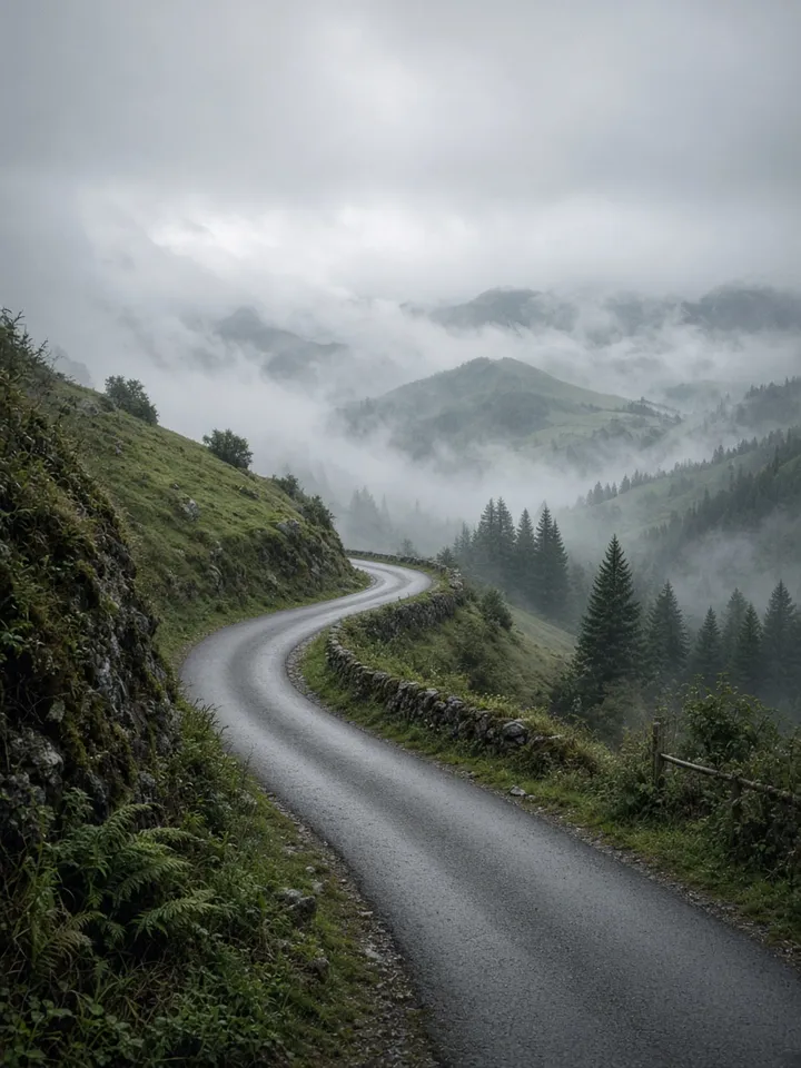 Route de montagne dans la brume