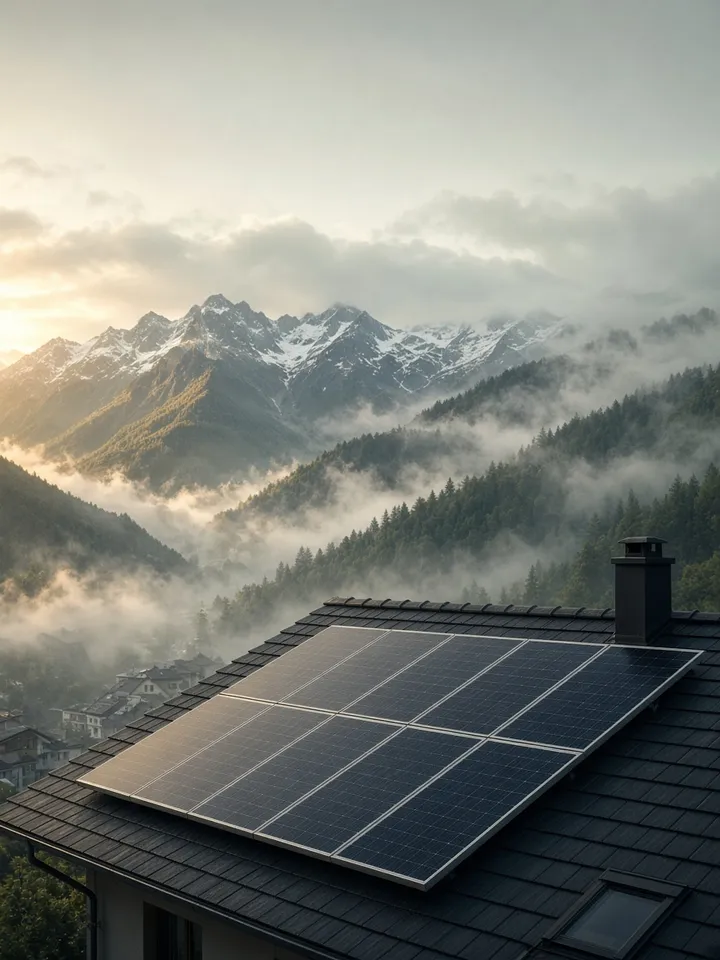 Panneaux photovoltaïques sur un toit résidentiel face aux Alpes