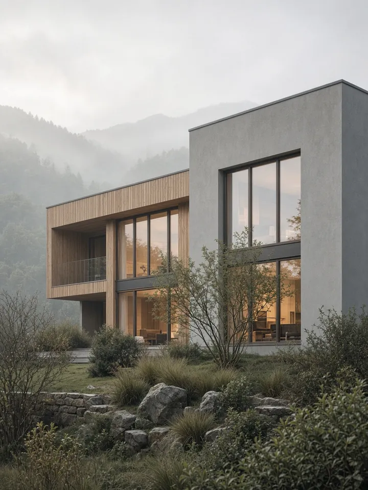 Façade d’une maison résidentielle suisse dans une lumière douce